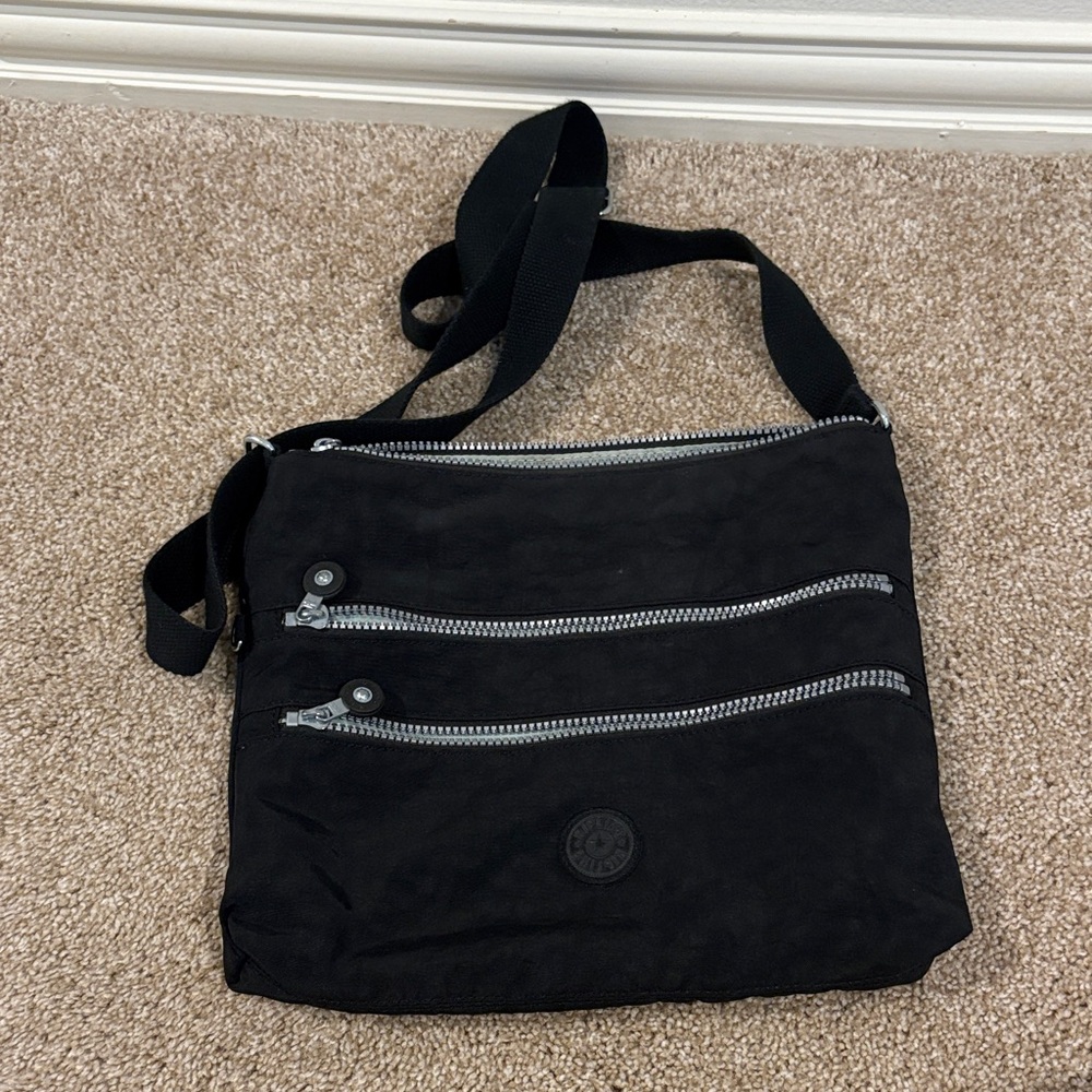 Kipling Black Messenger Bag with Silver Zippers